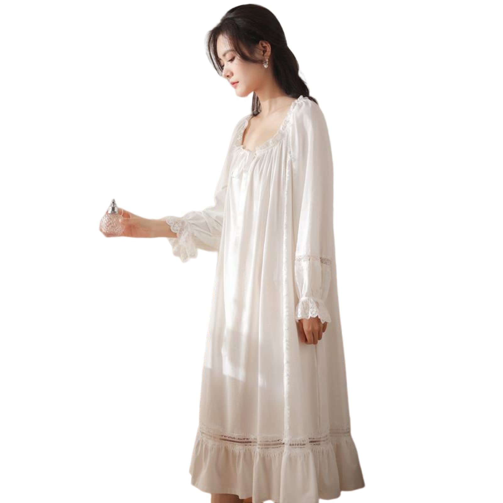 OFFSUM Camicia da Notte Donna - Primavera Girocollo Cotone Elegante Camicia da Notte retrò Palace Stile Camicia da Notte Principessa Casual Tinta Unita Nightwear Vestito