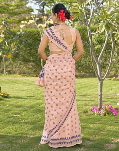 Image of SIRIL Women's Cotton Linen Mekhela Chador Printed Saree with Unstitched Blouse Piece