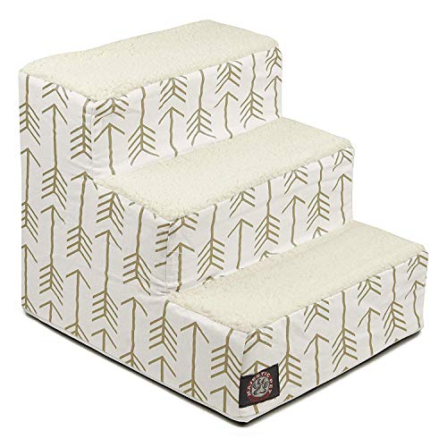 Majestic Pet 3 Step Portable Dog Stairs for Small Dogs to get on Bed Supports 250 lbs or Less – Dog Steps for High Bed with Machine Washable Cover –Pet Stairs for Cats Arrow White/Gold