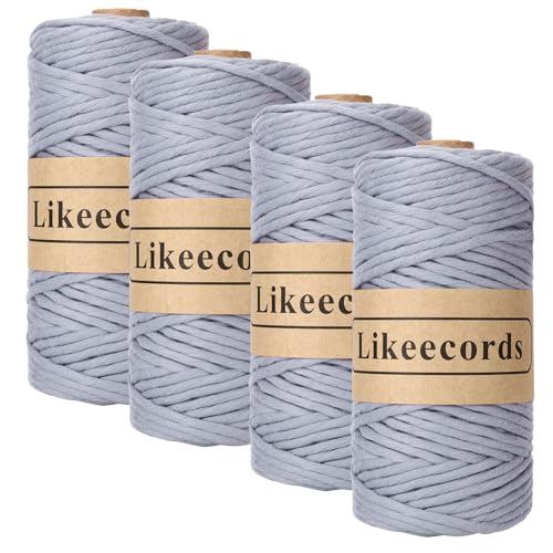 Likeecords 4 Skeins of 4mm X 80m Single Strand Macrame Cord Handmade Decorations Softer Natural Cotton Bohemia DIY Wall Hanging Plant Hanger Craft Knitting Cord Rope(Gray)