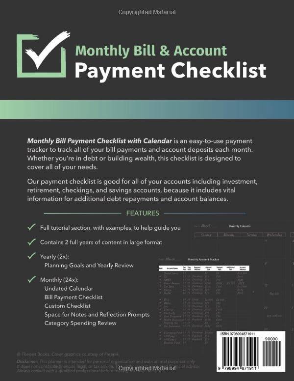 Book Back Monthly Bill Payment Checklist with Calendar: Multi-Year 110+ Pages 8.5 x 11 Tracker Monthly Organizer 