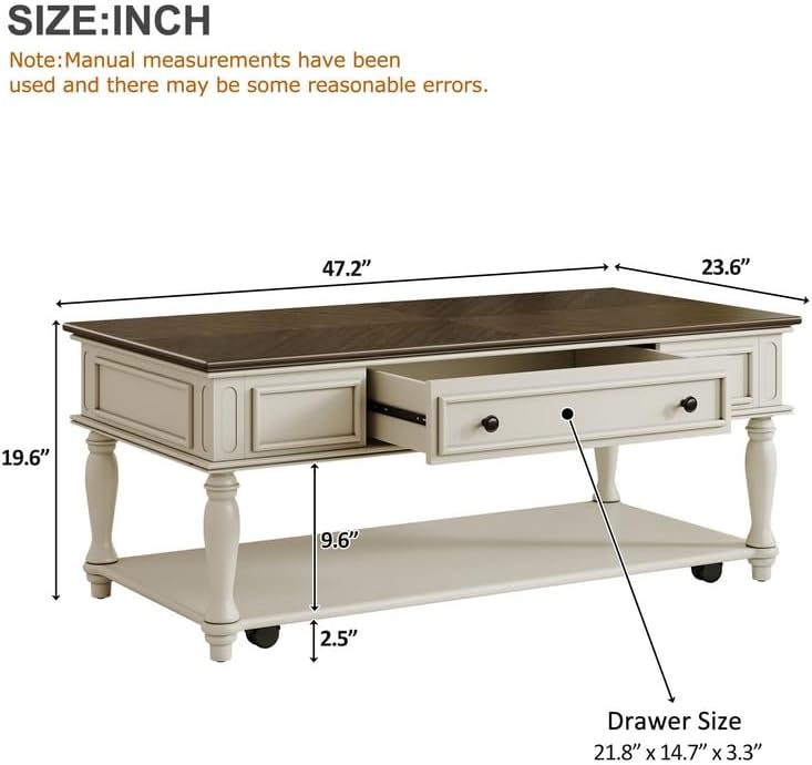 Merax Farmhouse Coffee Table with Drawer, Retro Movable Rectangular Cocktail Table with Lockable Wheels, Country Style Center Table for Living Room, Grey+White