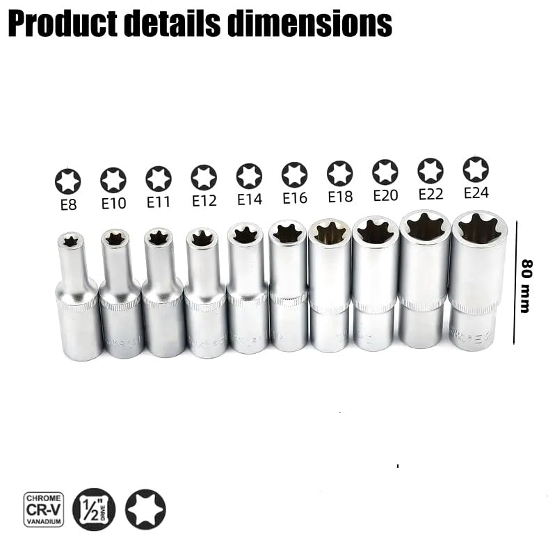 Set 8 Bussole Torx Ad Impatto 1/2'' T30-T80 Lunghe 78mm - Chiavi A Bussola Per Meccanici - Foto 4