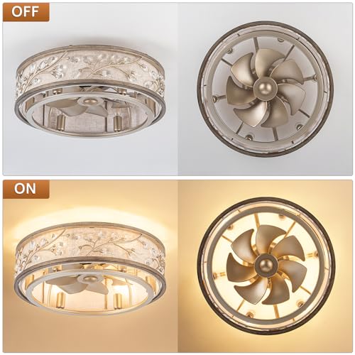 WWM Flush Mount Caged Ceiling Fan with Light and Remote,20\" Crystal Low Profile Ceiling Fans with Reversible Motor, Modern Small Bladeless Fan for Bedroom Kitchen Living Room(6 E12 Bulb Include)