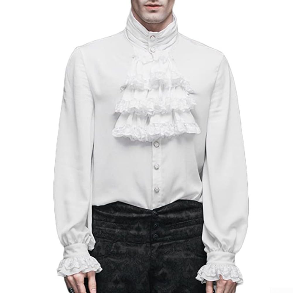 Men's Vampire Gothic Shirt Ruffled Victorian Steampunk Blouse Long Sleeve Stand Collar Medieval Pirate Renaissance Costume Top White Black S-2XL(2XL White)