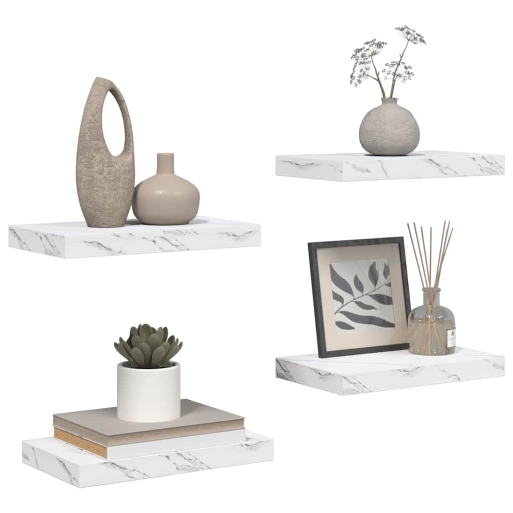 Set di 4 mensole da parete in legno bianco marmo, 40 x 23,5 x 3,8 cm, supporto da parete per libri, decorazione da cucina, bagno