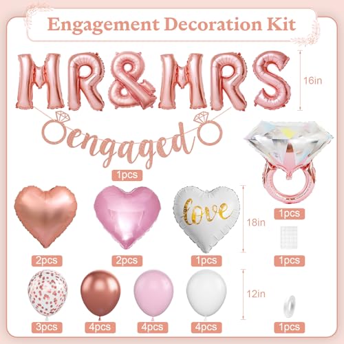 Image of Rose Gold Engagement Decorations, MR MRS Balloons Pink White Confetti