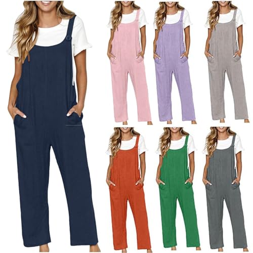 Image of Women's Linen Jumpsuits&Playsuits Summer Linen Spaghetti Straps Sleeveless Playsuits with Pockets Ladies Solid Oversized Overalls Casual Loose Dungarees Holiday Going Out Romper Daily Outfits S-5XL