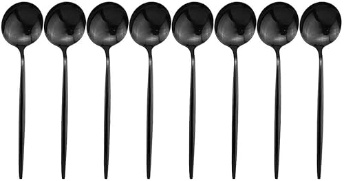 JASHII Juego de cubiertos de acero inoxidable de 8 piezas, color negro pulido con espejo, cuchara de sopa para 8 personas, apto para lavavajillas