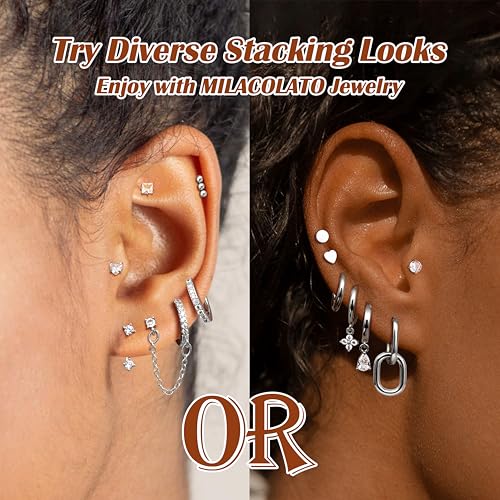 MILACOLATO 13 Pairs Silver Earrings Set for Women - 14K Gold Plated Cartilage Studs Huggie Hoop Earring Stacks for Multiple Piercing Hypoallergenic Surgical Stainless Steel Flat Back Earrings for Sensitive Ears3