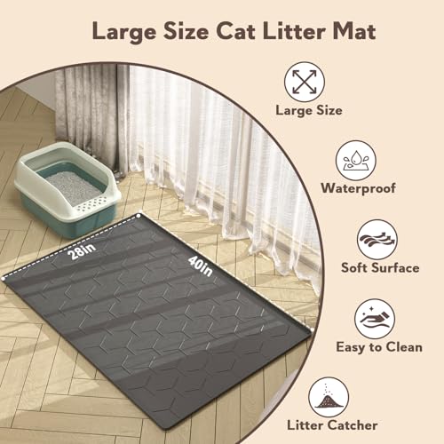 Image of Garoopion Cat Mat for Litter Box, Large 40 inch X 28 inch Cat Litter Mat XL, Waterproof Silicone Pad for Floor, Black
