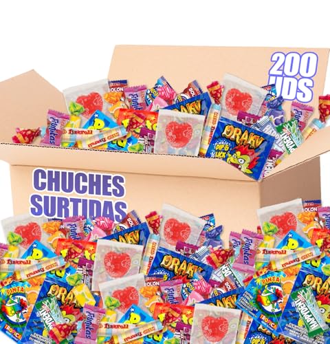 +200 Chuches Surtidas - Caja de +1,3kg Caramelos y Golosinas para Regalar en Halloween, Navidad, Cabalgata... - Cesta de Chuches y Caramelos Envueltos y listos para regalar