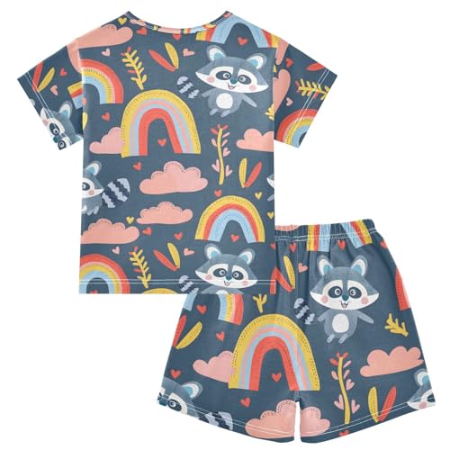 ALAZA Raccoon Rainbow Cloud Pajamas Short Sleeve 2 Piece Sleepwear Top and Bottom Pajama Set Unisex2