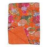 Orange Floral Print Kantha Quilt Handmade Throw Reversible Blanket Bedspread Cotton Fabric Boho Quil