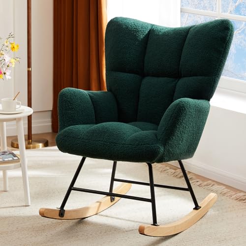 Image of DUMOS Rocking Chair with Wing Backrest, Teddy Upholstered Indoor Reading Glider Chair with Comfy Seat for Bedroom, Living Room, Office, Forest Green