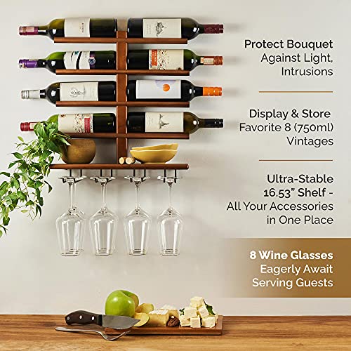 Helya Design Wine Rack Wall Mounted With Shelf For 8 Wine Bottles & Glasses - Wood Rustic Wine Glass Floating Rack With Stemware Hanger. Wine Decor And Storage Holder For Kitchen, Living Room & Bar #TOP1