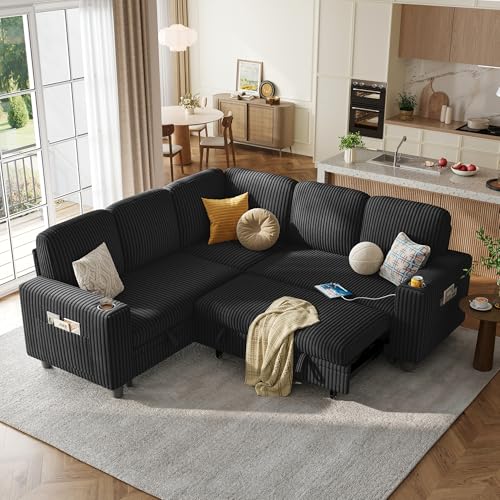 Image of LINSY HOME Sectional Sleeper Sofa Pull Out Couches for Living Room (Black, Sleeper Sofa 2) | Pull Out Sofa Bed, Storage, USB Charging, Cup Holders, Plush Corduroy