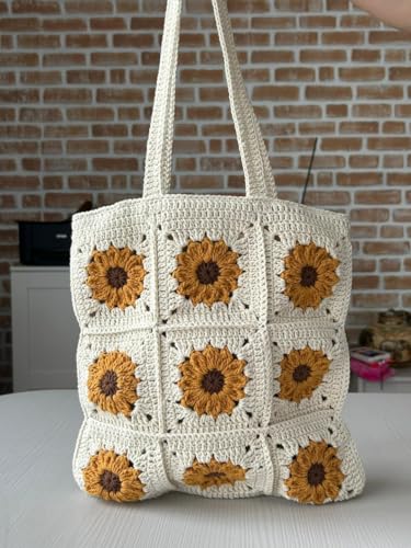 Image of ZZARA Women's Stylish Cotton Hand-Crochet Spacious Tote Bag, Handmade Knitting Shoulder Bag, Vintage Style Bohemian Shopping Bag