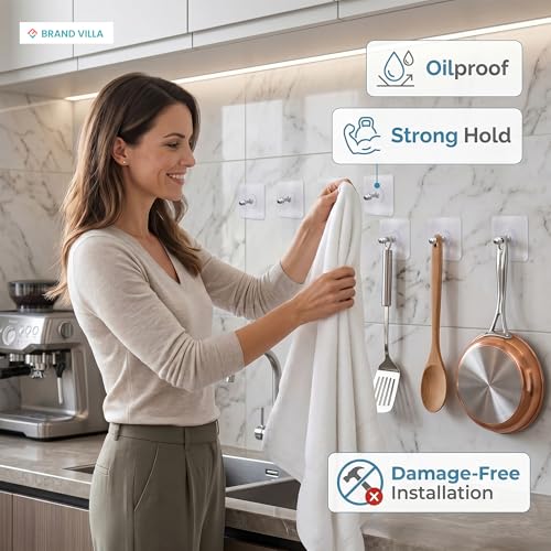 Image of BRAND VILLA Heavy Duty Self Adhesive Wall Hooks | Waterproof Stainless Steel No Drill Sticky Hooks for Bathroom Kitchen Towels Keys & Home Organization (Pack- 30)