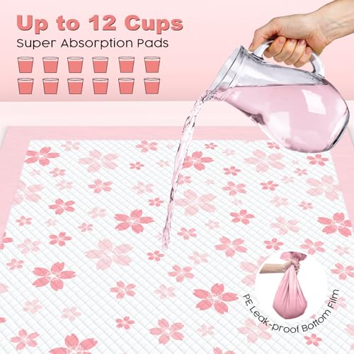 Image of MIZOK 36x36in Puppy Pads Pink, Dog Pee Pads Leak-Proof with Quick-Dry Surface, Dog Pads Extra Large with Cherry Blossom Prints, Pee Pads for Dogs Super Absorbent (100 Count)