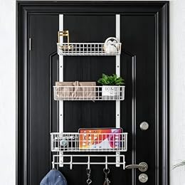 OYEAL Over The Door Organizer White Pantry Door Organizer with Hooks, Heavy Duty 3 Tier Metal Door Back Shelves with 3 Baskets for Kitchen, Bathroom, Office