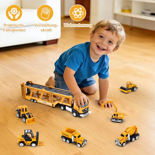 Kinderspielzeug für Jungen ab 3 Jahren: Spielzeug LKW mit Licht & Sound Baufahrzeug-Spielzeugset mit Bagger, Bulldozer, Kipper, Fahrmischer, Straßenwalze, Gabelstapler, Geschenk für Jungen 3-7 Jahre