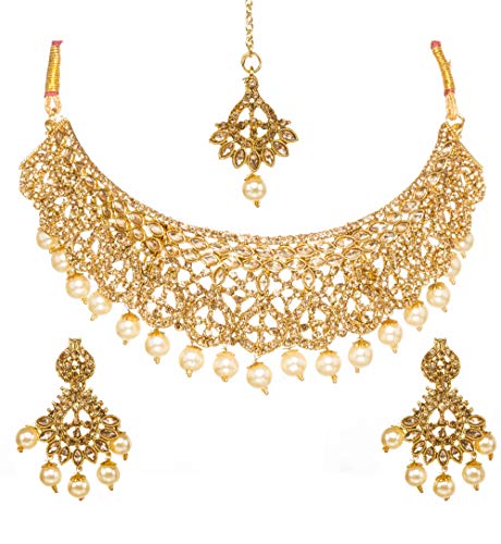 Bindhani Bollywood Wedding Jewelry Bridal Bridemaids Golden Toned Kundan Indian Choker Necklace Earrings Tikkas Jewellery Set For Women