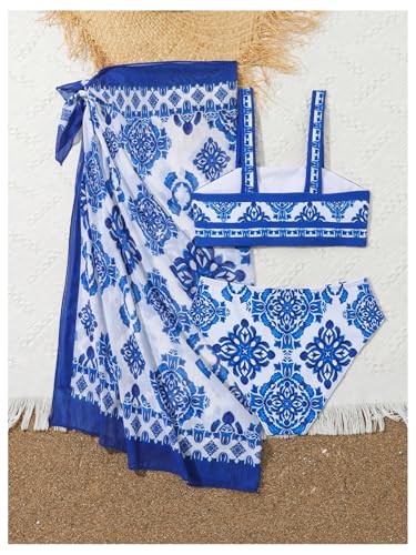 WDIRARA Girl's Floral Print Bikini Set Boho Swimsuit Three Piece Bathing Suit with Cover Up Skirts2