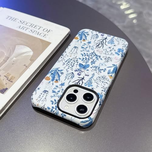 Coque iPhone 14 Pro motif floral bleu au design hybride robuste