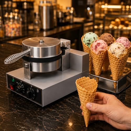 Image of Round Waffle Cone Maker Machine, Commercial Electric Waffle Cone Baker, Ice Cream Cone Maker for Cafe Bakery Restaurant