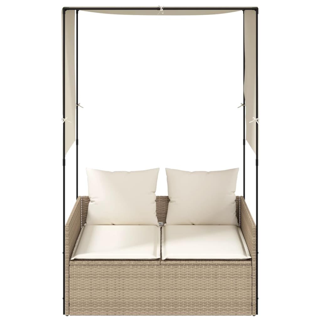 Homgoday Chaise Longue Double avec Toit et Rideaux Beige Résine Tressée, Bain de Soleil de Jardin, Lit de Camping Transat de Relax pour Plage, Extérieur, Balcon, Terrasse B