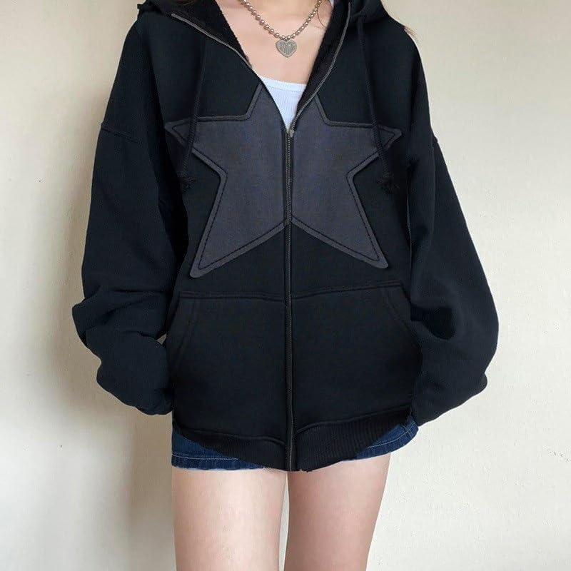 Y2K Zip Up Hoodie for Women Men Star Graphic Hoodie Grunge Pullover Hooded Sweatshirt Jacket3