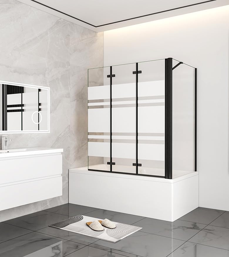 Aica Sanitär Badewannenaufsatz Eck Duschwand Badewanne 3-tlg.Faltwand mit Seitewand 6mm Nano Glas,H140cm,130x70cm,Schwarz Rahmens,Streifenglas
