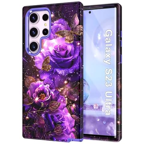 Btscase for Samsung Galaxy S23 Ultra Case,Glow in The Dark [Military Grade Shockproof] Noctilucent Luminous Flower Pattern Slim Protective 3 Layers Hard PC+Soft TPU Rugged Stylish Cover, Purple Cover