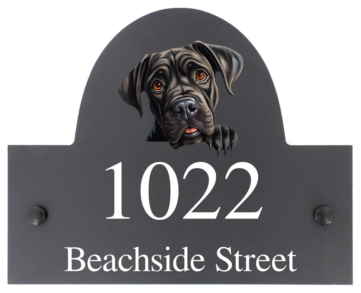 Targa personalizzabile con nome o numero civico in ardesia con cane corso, 25 x 20 cm