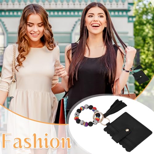 JewelryWe Card Holder Wallet for Women: Tassel Keyring Wristlet Leather Hands‑Free Carry Purse3