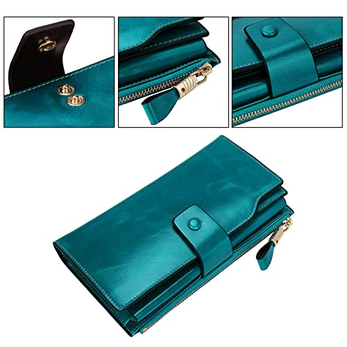 Wallet Women Genuine Leather RFID Blocking Large Ladies Purse Card Holder Organizer Clutch, Leather 1 Blue Green, One Size4