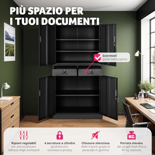 Tectake® Armadio Portadocumenti 180X80X40Cm, 55 Scomparti E 2 Cassetti, Armadio Con Ripiani Regolabili, Ante A Battenti Rinforzate, Chiusura Con Serratura A Cilindro - Nero/Nero - 5