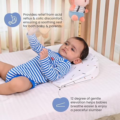 Image of Cherilo Foam C Shaped Elevated Wedge Pillow for Baby Crib&Mattress,Elevate Baby to Prevent Acid Reflux,Colic,Gerd,Heat Burn&Vomiting,15 inchX12 inchX3 inch - with Removable Cover - Triangle Design - White