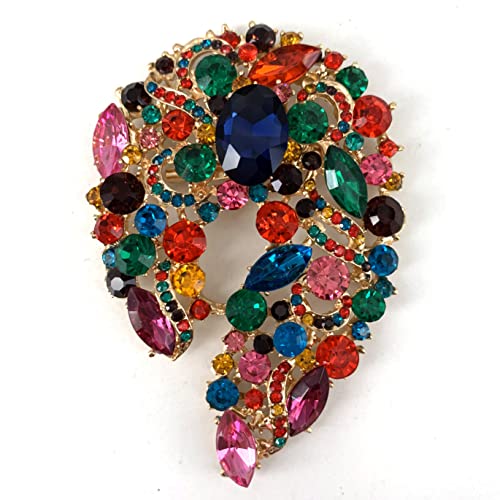Image of SELOVO Big Large Rhinestone Green Leaf Statement 3.5 inch Brooch Pin Scarf Broach Gold Tone
