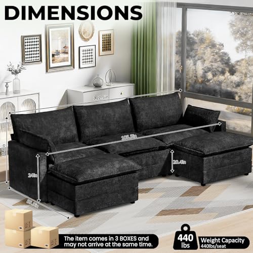 Image of LEVELEVE 112.5 inch U-Shape Modular Sofa with 2 Ottomans, Deep Seat Cloud Convertible Sleeper, 2 Arm Pillows, Comfortable Upholstered Furniture for Living Room Apartment, Black