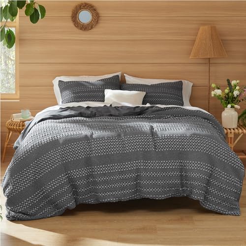 Bedsure 100% Stone Washed Cotton Duvet Cover King - Charcoal Grey Classic Waffle Weave Duvet Cover Set cover