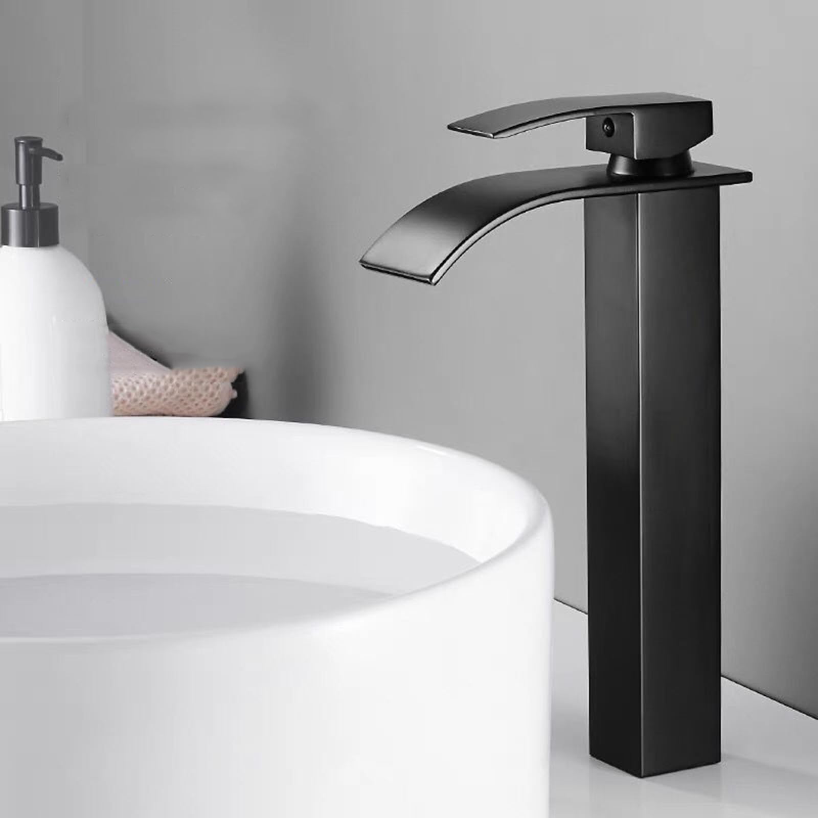 Grifos De Cascada para Lavabo De Baño, 1 Orificio, Grifo Alto De Cascada para Agua Caliente Y Fría, Grifo Individual G1/2'', Cromado, Alto(Black-High)