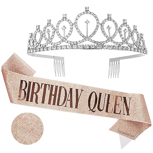 Image of Curated Cart Silver Crystal Crown for Women and Girls - Elegant Sparkling Tiara with Rose Gold Glitter Birthday Queen Sash, Perfect for Birthday Parties, Bridal Showers, and Special Occasions