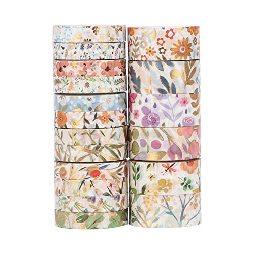 LGEGE 18 Rolls Floral Washi Tape Set, 7.5/15 mm Wide, Colorful Flowers Pattern Gold Foil Print, Japanese Masking Tape Décor for Scrapbook, Bullet Journal, Gift Wrapping, DIY Craft (3m)