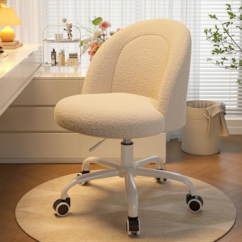 Image of DurayLoly Vanity Chair with Back, Cute Desk Chair with Wheels, Armless Chair with Height Adjustable &360 Swivel, Soft Lumbar Support for Small Space, Bedroom, Light Yellow