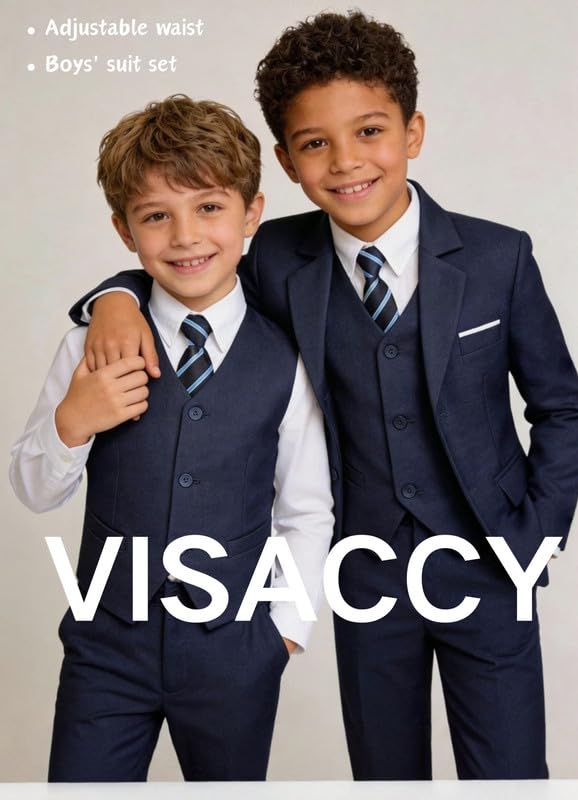 Image of Visaccy Boys Formal Suit Slim Fit Tuxedo Suits for Kids Ring Bearer Outfit | Toddler Boy Suits Set,Adjustable Waist,Dress Clothes