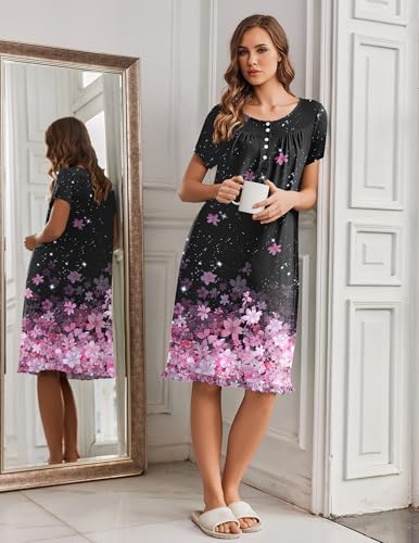 Image of Ekouaer Nightgowns for Women with Pockets Button Front Short Sleeve House Dresses Floral Print Mumu Dress