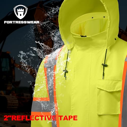 fortresswear Hi Vis Rain Jackets for Men Reflective Waterproof High Visibility Class 3 Safety Rain Suit with Black Bottom,Removable Hood
