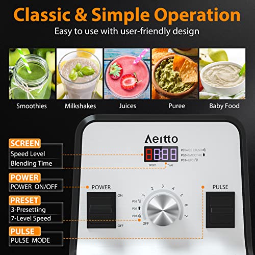 Aeitto Blender with 1500-Watt Motor, 68 Oz Large Capacity Blenders for Kitchen, Professional Countertop Blenders for Ice Crush, Frozen Drinks, Silver image 4